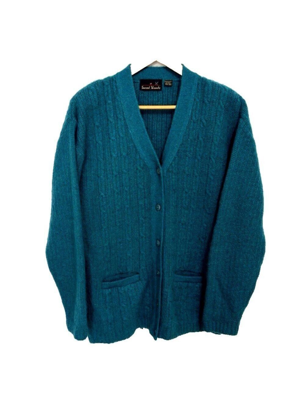 NWOT Vintage '80s Sacred Threads Teal Blue Button Front Cardigan Pockets OSFM